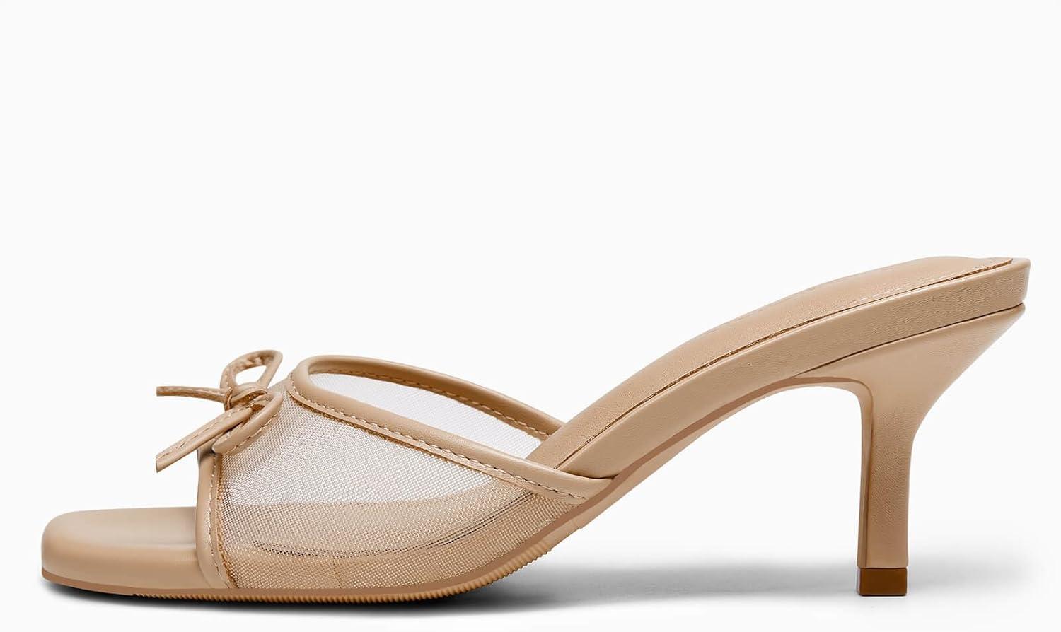 image:imageWomens Bow Mules Heels Kitten Heel Slide Sandals Square Toe Slip on Dress ShoesKhaki Mesh