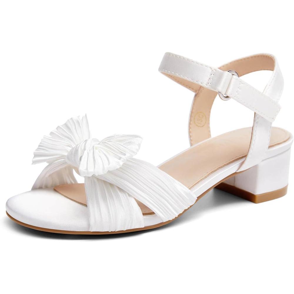 image:imageCoutgo Girls Sandals Bow Open Toe Chunky Low Heel Dress Shoes Flower Girl Wedding Party ShoesWhite