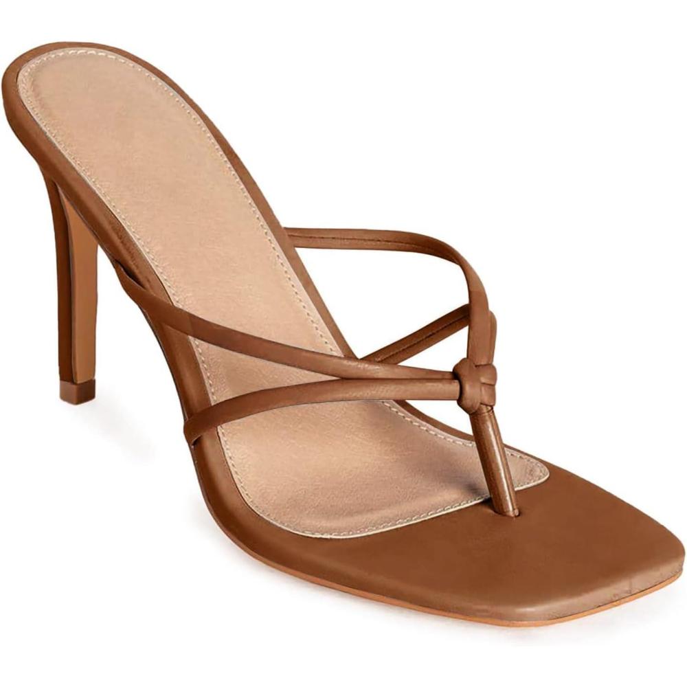 image:imageCoutgo Womens Heeled Sandals Strappy Square Toe Flip Flops Fashion Thong Slip on Stiletto SandalsBrown