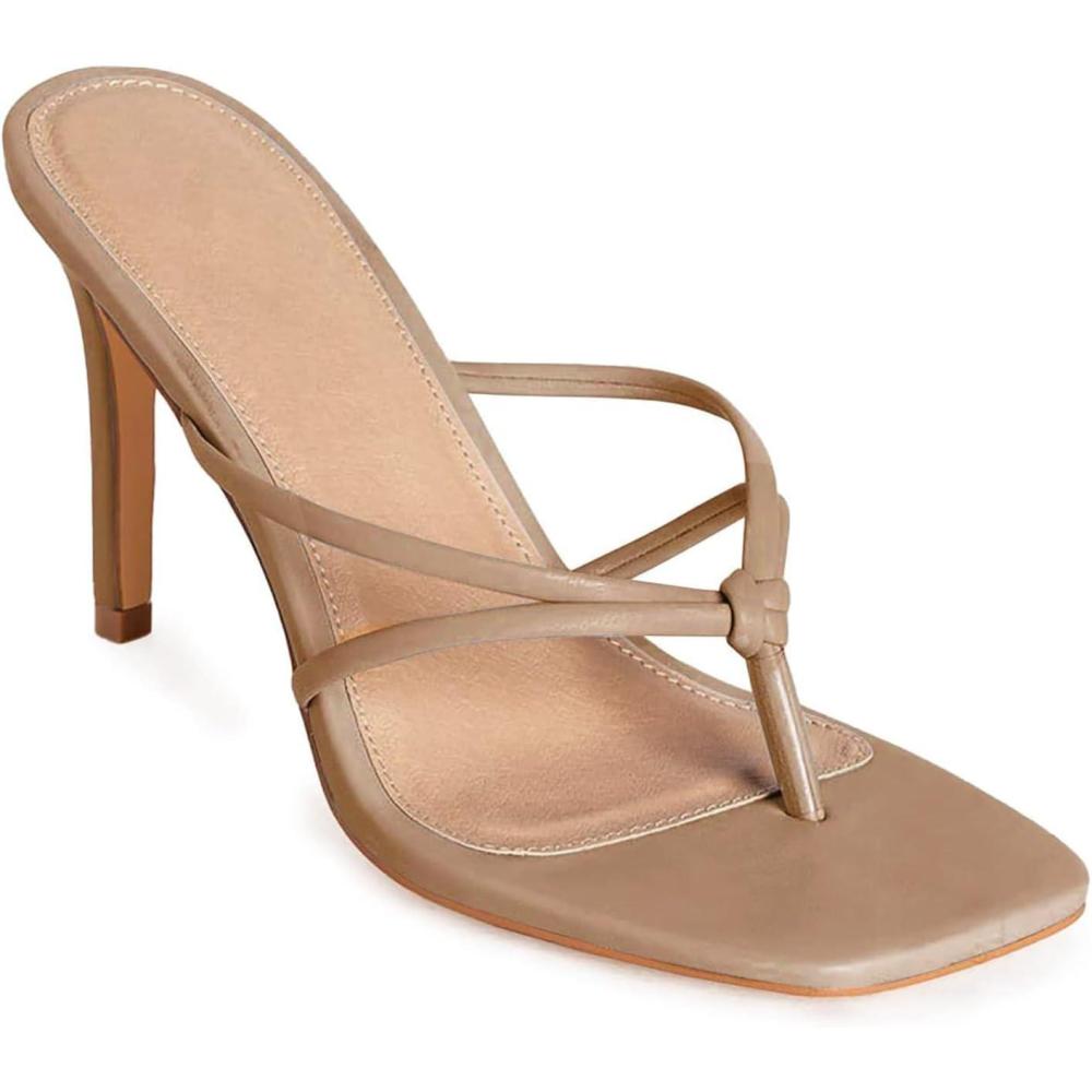 image:imageCoutgo Womens Heeled Sandals Strappy Square Toe Flip Flops Fashion Thong Slip on Stiletto SandalsKhaki