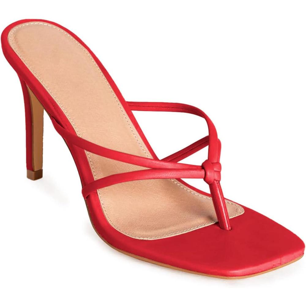 image:imageCoutgo Womens Heeled Sandals Strappy Square Toe Flip Flops Fashion Thong Slip on Stiletto SandalsRed