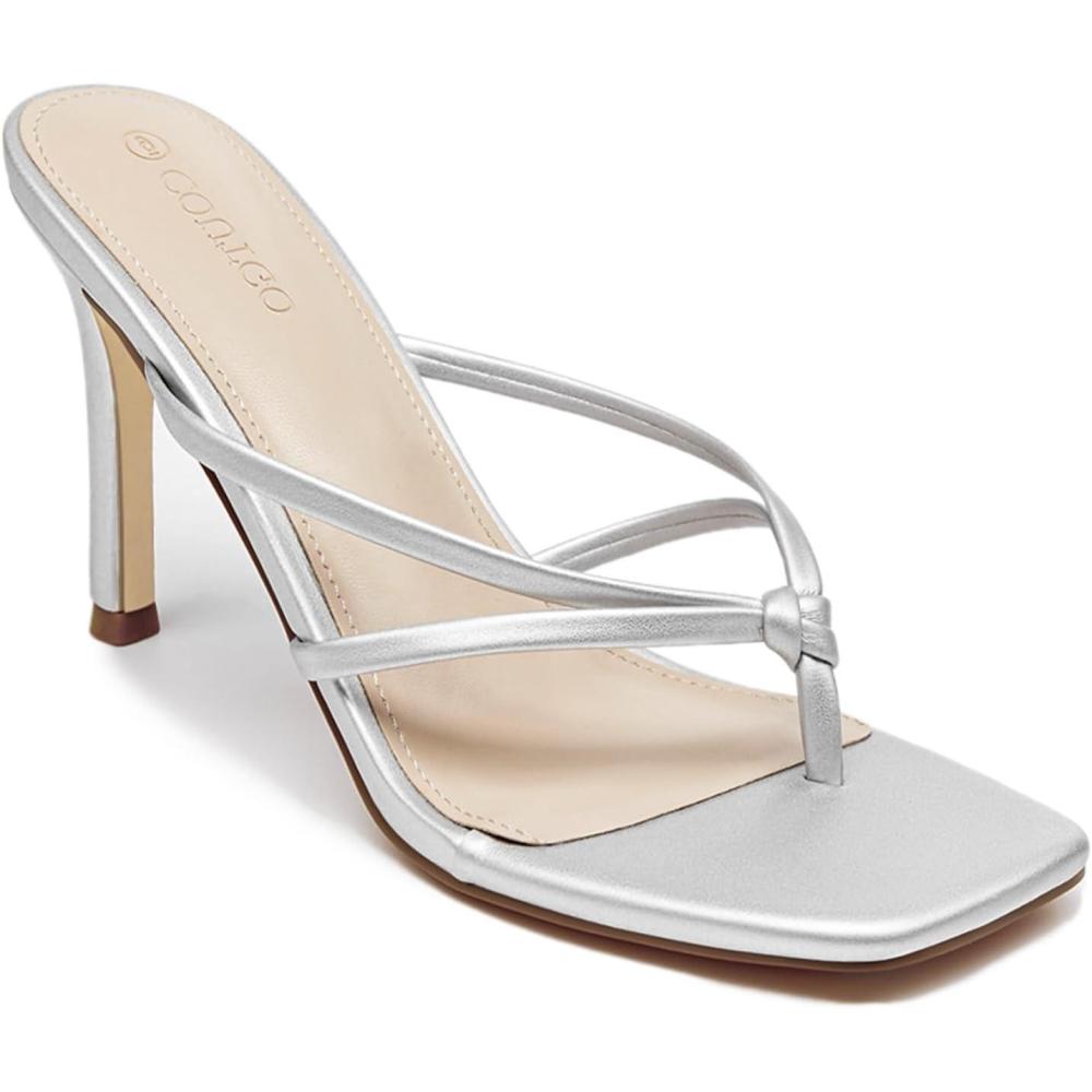image:imageCoutgo Womens Heeled Sandals Strappy Square Toe Flip Flops Fashion Thong Slip on Stiletto SandalsSilver