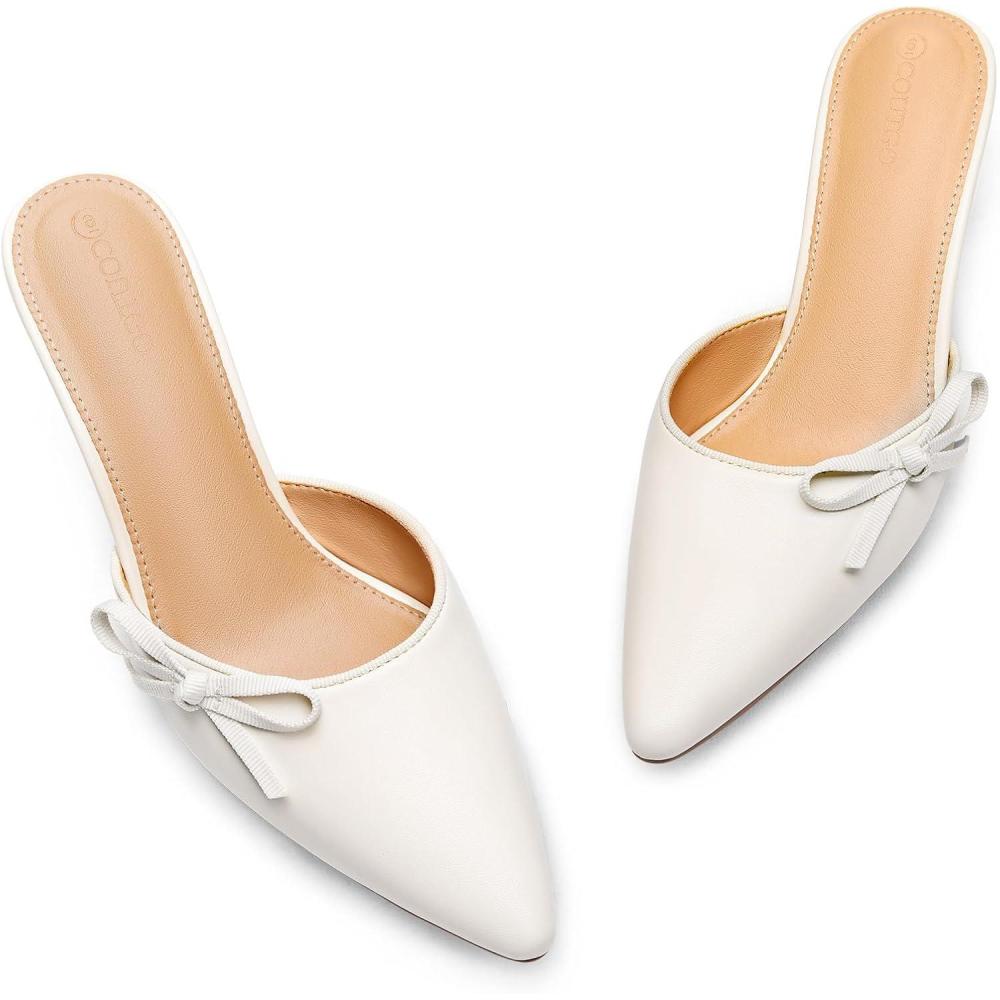 image:imageCoutgo Womens Kitten Heels Bow Tie Mules Two Tone Closed Pointed Toe Slip On Backless Wedding Dress Shoes PumpsOffwhite