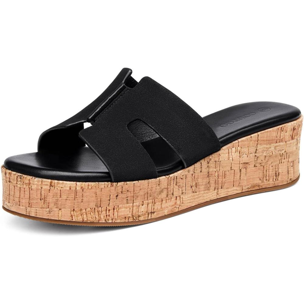 image:imageCoutgo Womens Platform Wedge Sandals Open Toe Slip On Slides Cork Heeled Cutout Comfortable Summer Shoes Pure Black Size 75