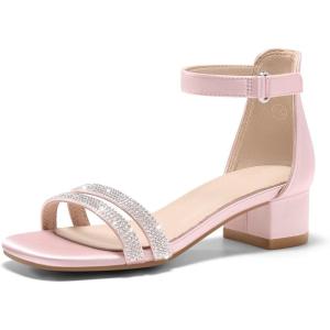 Coutgo Girls Dress Shoes Sandals Chunky Low Heels Rhinestone Strap Flower Girl Wedding Party Shoes(Pink)