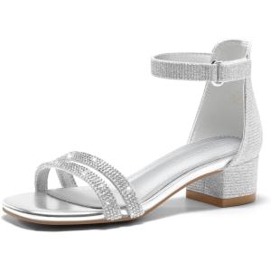 Coutgo Girls Dress Shoes Sandals Chunky Low Heels Rhinestone Strap Flower Girl Wedding Party Shoes(Silver)