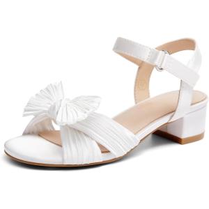 Coutgo Girls Sandals Bow Open Toe Chunky Low Heel Dress Shoes Flower Girl Wedding Party Shoes(White)