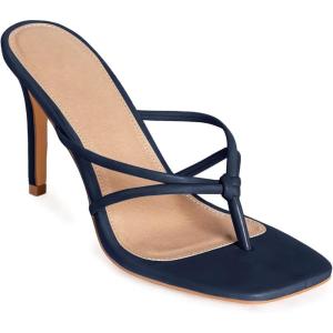 Coutgo Womens Heeled Sandals Strappy Square Toe Flip Flops Fashion Thong Slip on Stiletto Sandals(Navy)