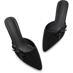 Coutgo Womens Kitten Heels Bow Tie Mules Two Tone Closed Pointed Toe Slip On Backless Wedding Dress Shoes Pumps(Cool Black)