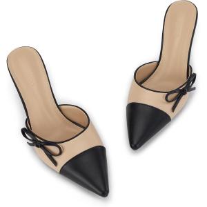 Coutgo Womens Kitten Heels Bow Tie Mules Two Tone Closed Pointed Toe Slip On Backless Wedding Dress Shoes Pumps(Khaki)