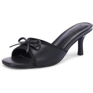 Womens Bow Mules Heels Kitten Heel Slide Sandals Square Toe Slip on Dress Shoes(Black)
