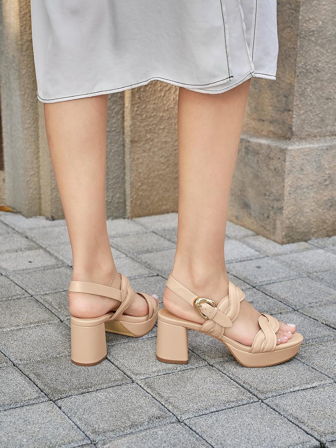 image:imageCoutgo Womens Platform Chunky Heels Sandals Open Toe Ankle Strap Summer Dress Beach ShoesLight Khaki