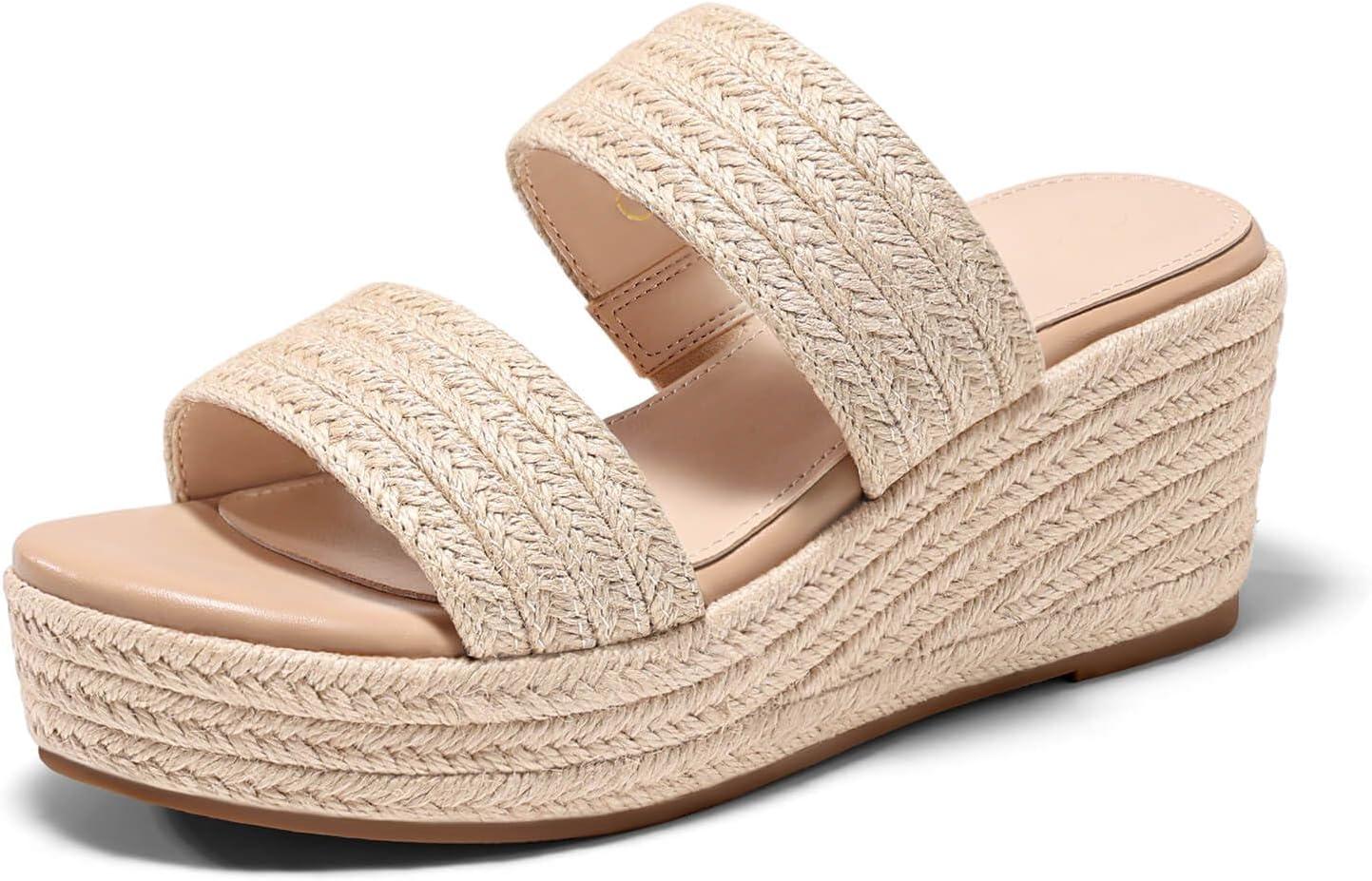 image:imageCoutgo Womens Platform Wedge Sandals Espadrille Raffia Heeled Slides Open Toe Two Band Beach Vacation Shoes Choose Size DownBeige