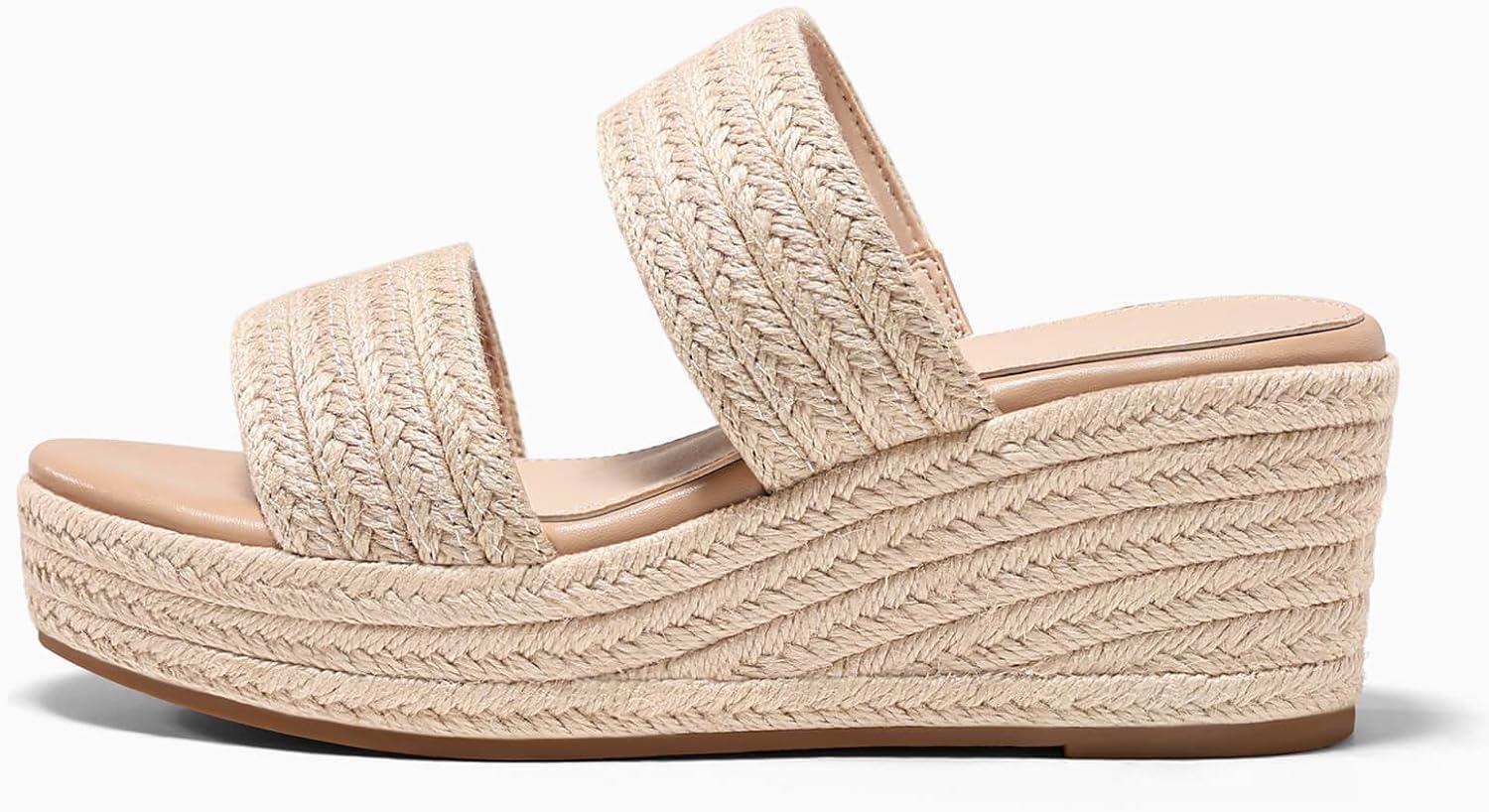 image:imageCoutgo Womens Platform Wedge Sandals Espadrille Raffia Heeled Slides Open Toe Two Band Beach Vacation Shoes Choose Size DownBeige