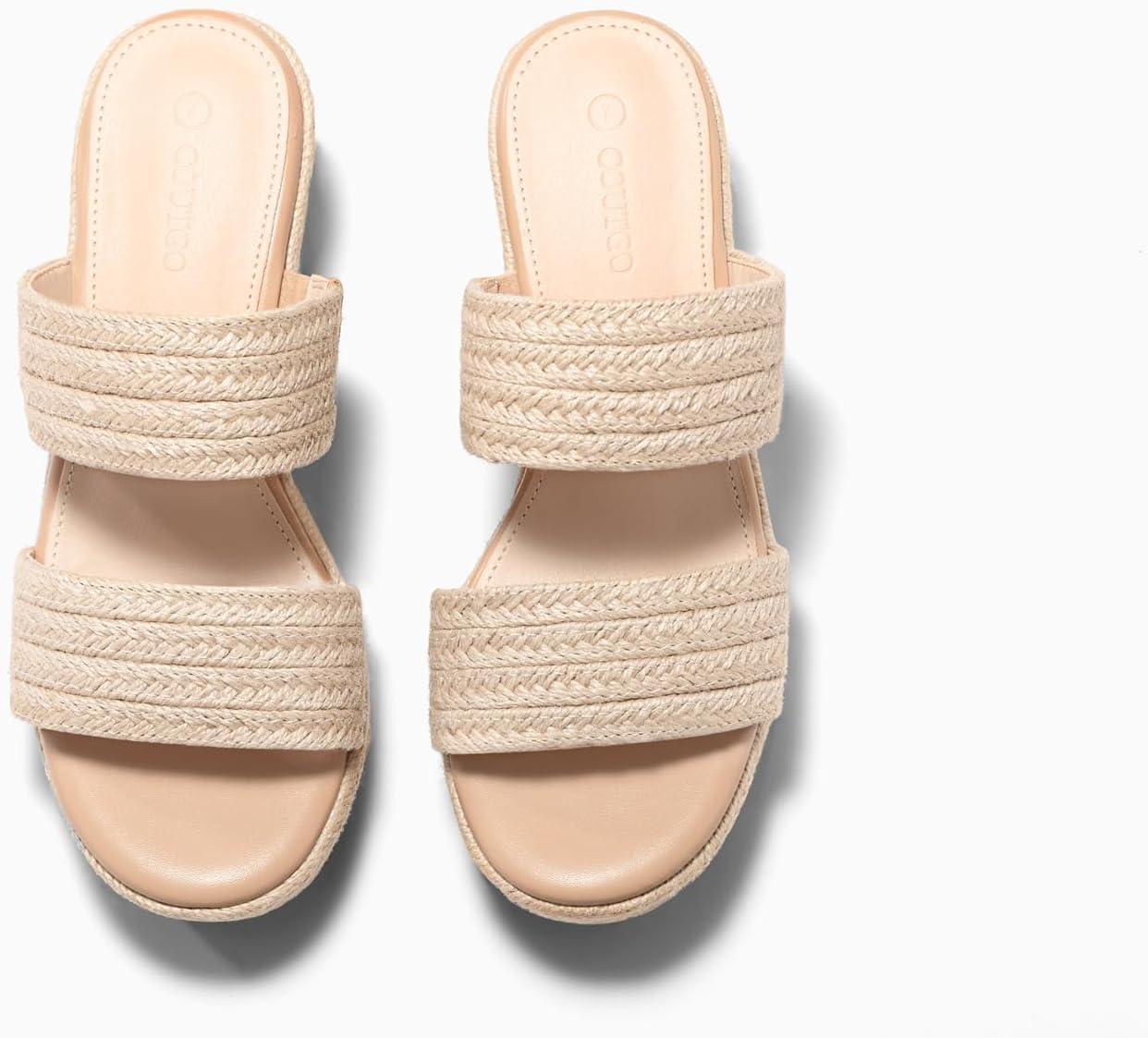image:imageCoutgo Womens Platform Wedge Sandals Espadrille Raffia Heeled Slides Open Toe Two Band Beach Vacation Shoes Choose Size DownBeige