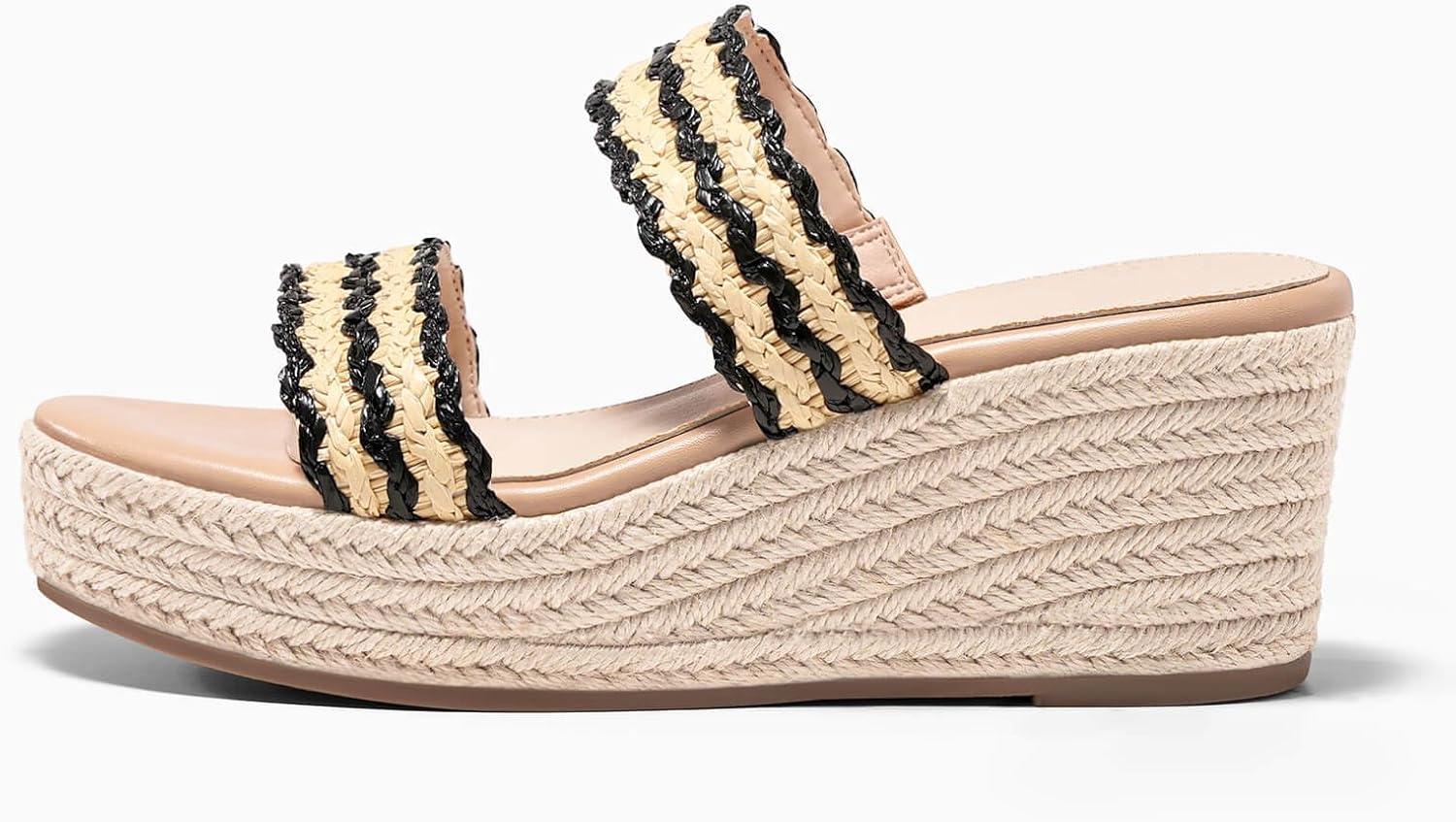 image:imageCoutgo Womens Platform Wedge Sandals Espadrille Raffia Heeled Slides Open Toe Two Band Beach Vacation Shoes Choose Size DownBlack