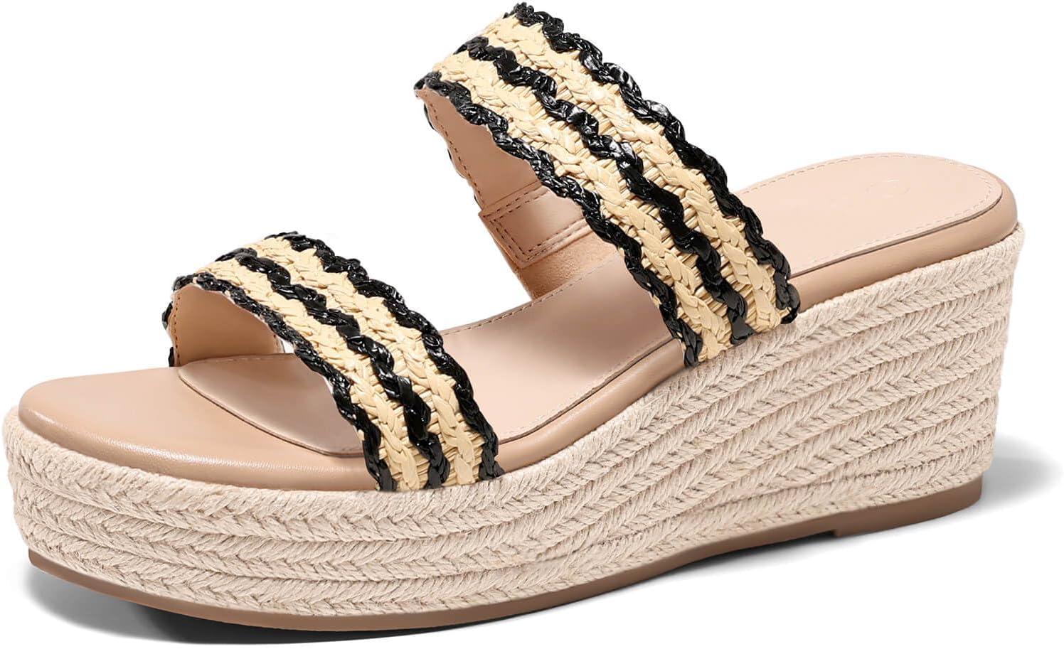 image:imageCoutgo Womens Platform Wedge Sandals Espadrille Raffia Heeled Slides Open Toe Two Band Beach Vacation Shoes Choose Size DownBlack