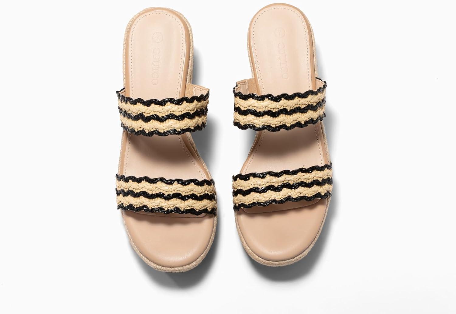 image:imageCoutgo Womens Platform Wedge Sandals Espadrille Raffia Heeled Slides Open Toe Two Band Beach Vacation Shoes Choose Size DownBlack