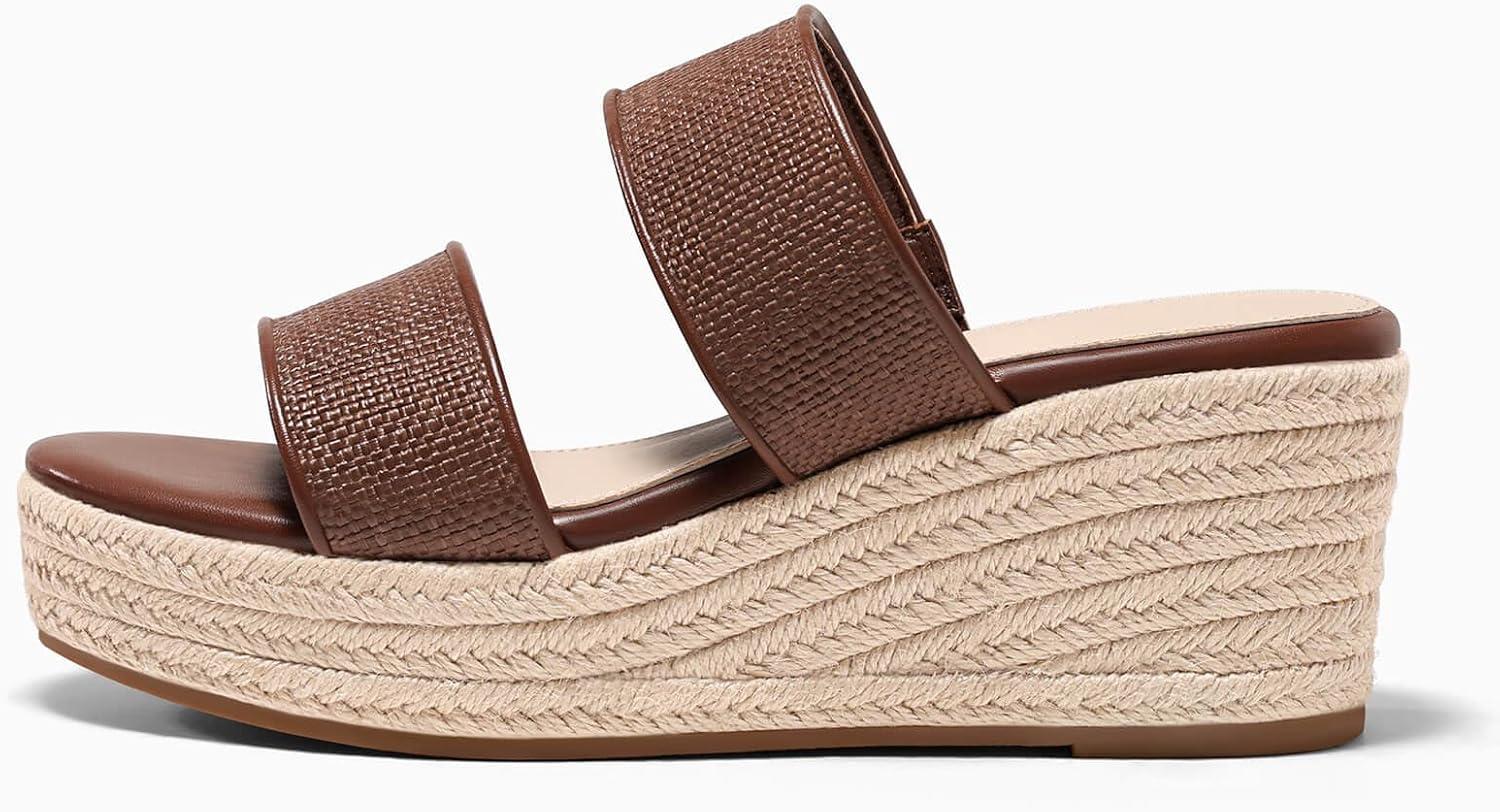 image:imageCoutgo Womens Platform Wedge Sandals Espadrille Raffia Heeled Slides Open Toe Two Band Beach Vacation Shoes Choose Size DownBrown