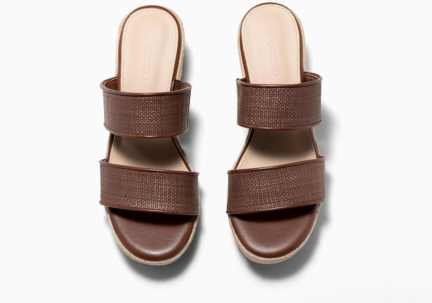 image:imageCoutgo Womens Platform Wedge Sandals Espadrille Raffia Heeled Slides Open Toe Two Band Beach Vacation Shoes Choose Size DownBrown