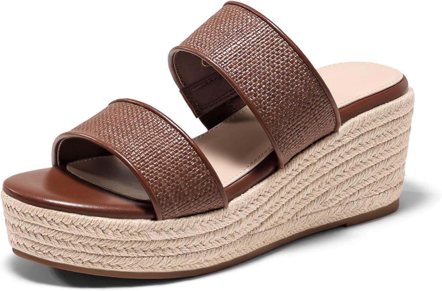 image:imageCoutgo Womens Platform Wedge Sandals Espadrille Raffia Heeled Slides Open Toe Two Band Beach Vacation Shoes Choose Size DownBrown