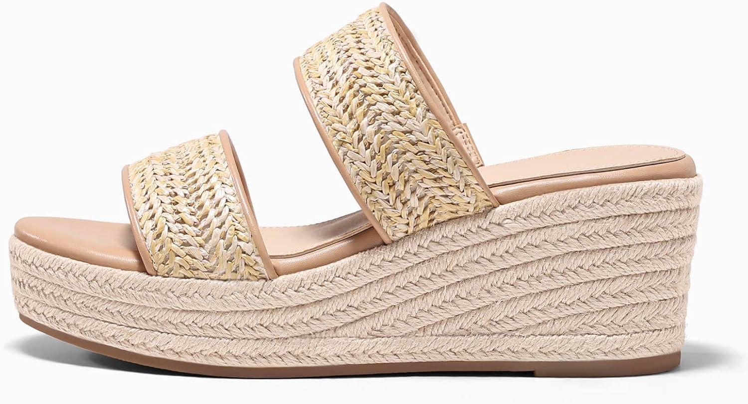 image:imageCoutgo Womens Platform Wedge Sandals Espadrille Raffia Heeled Slides Open Toe Two Band Beach Vacation Shoes Choose Size DownKhaki