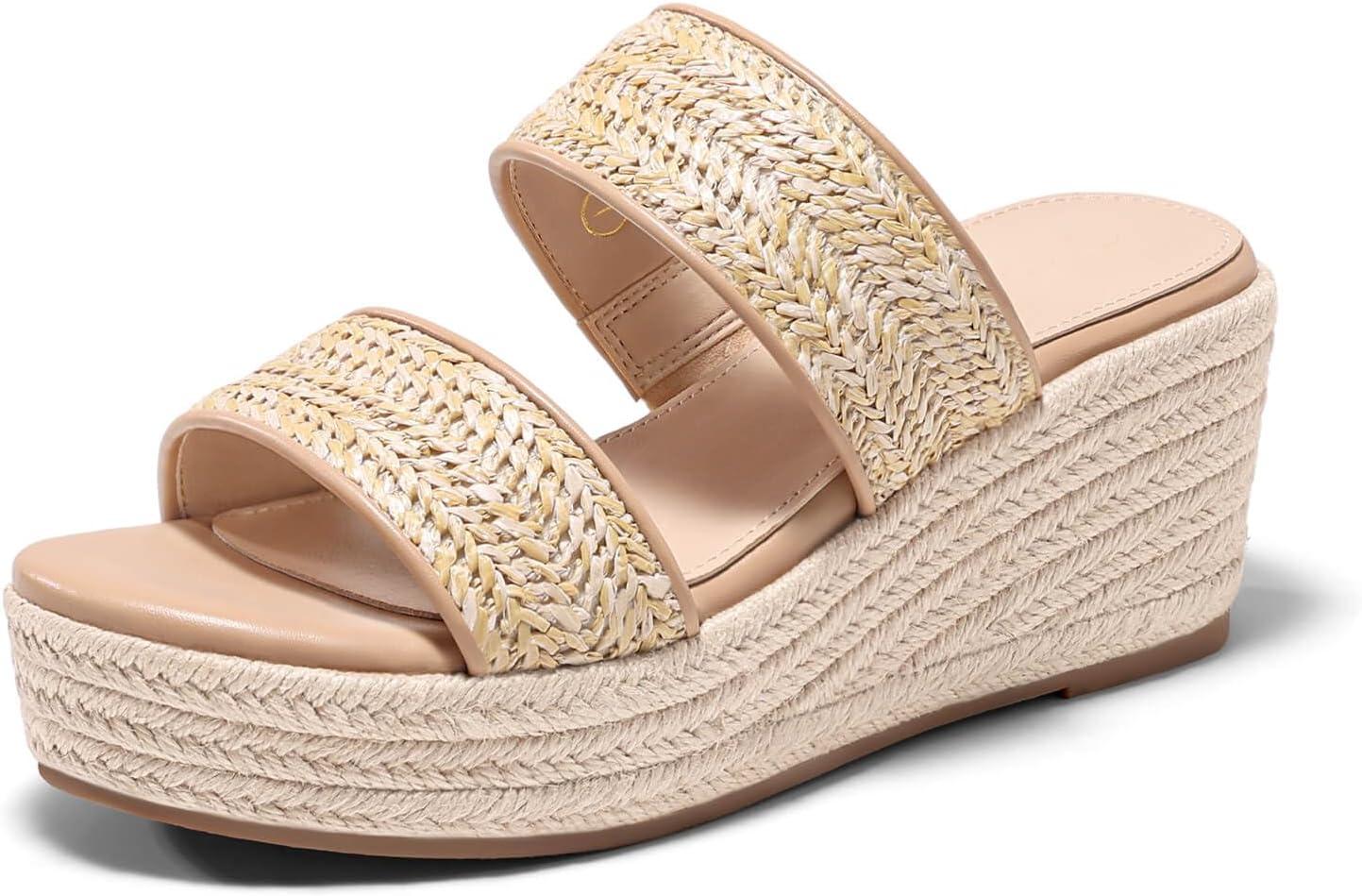 image:imageCoutgo Womens Platform Wedge Sandals Espadrille Raffia Heeled Slides Open Toe Two Band Beach Vacation Shoes Choose Size DownKhaki