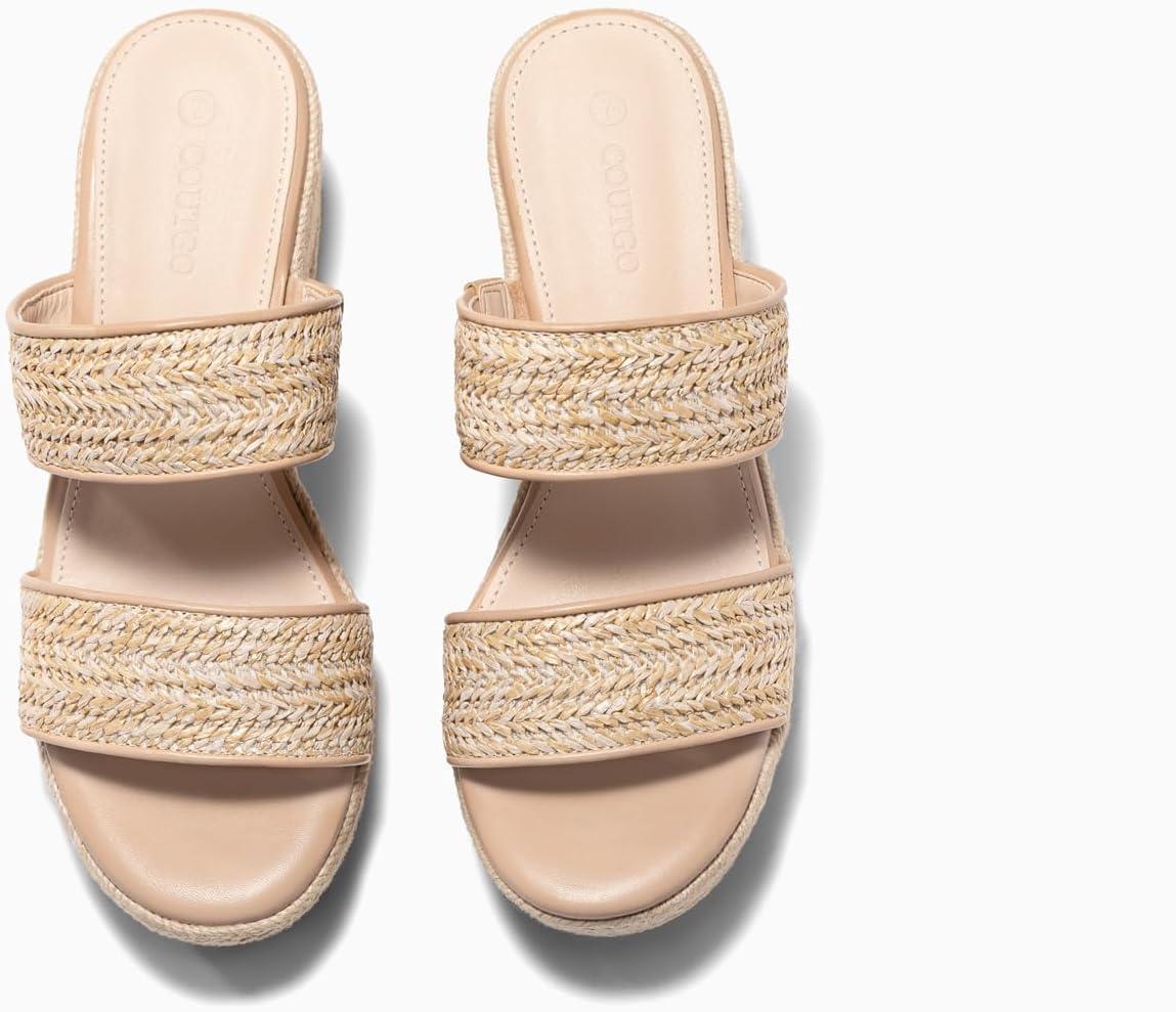 image:imageCoutgo Womens Platform Wedge Sandals Espadrille Raffia Heeled Slides Open Toe Two Band Beach Vacation Shoes Choose Size DownKhaki