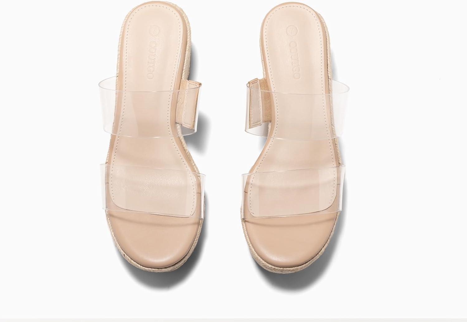 image:imageCoutgo Womens Platform Wedge Sandals Espadrille Raffia Heeled Slides Open Toe Two Band Beach Vacation Shoes Choose Size DownTransparent