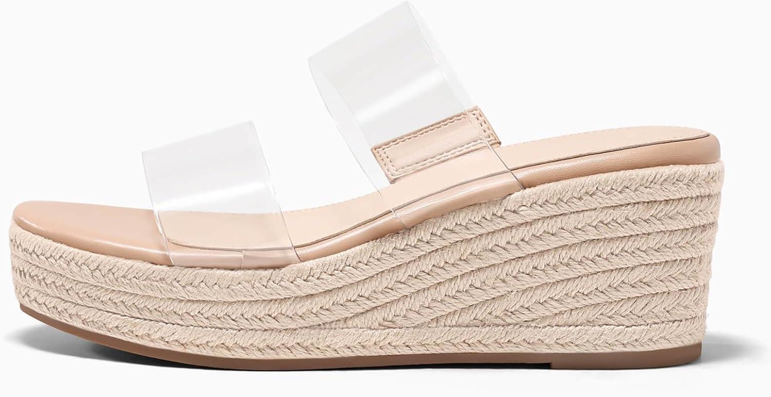 image:imageCoutgo Womens Platform Wedge Sandals Espadrille Raffia Heeled Slides Open Toe Two Band Beach Vacation Shoes Choose Size DownTransparent
