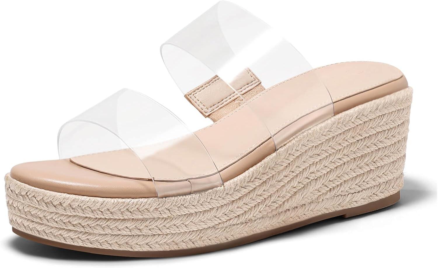 image:imageCoutgo Womens Platform Wedge Sandals Espadrille Raffia Heeled Slides Open Toe Two Band Beach Vacation Shoes Choose Size DownTransparent