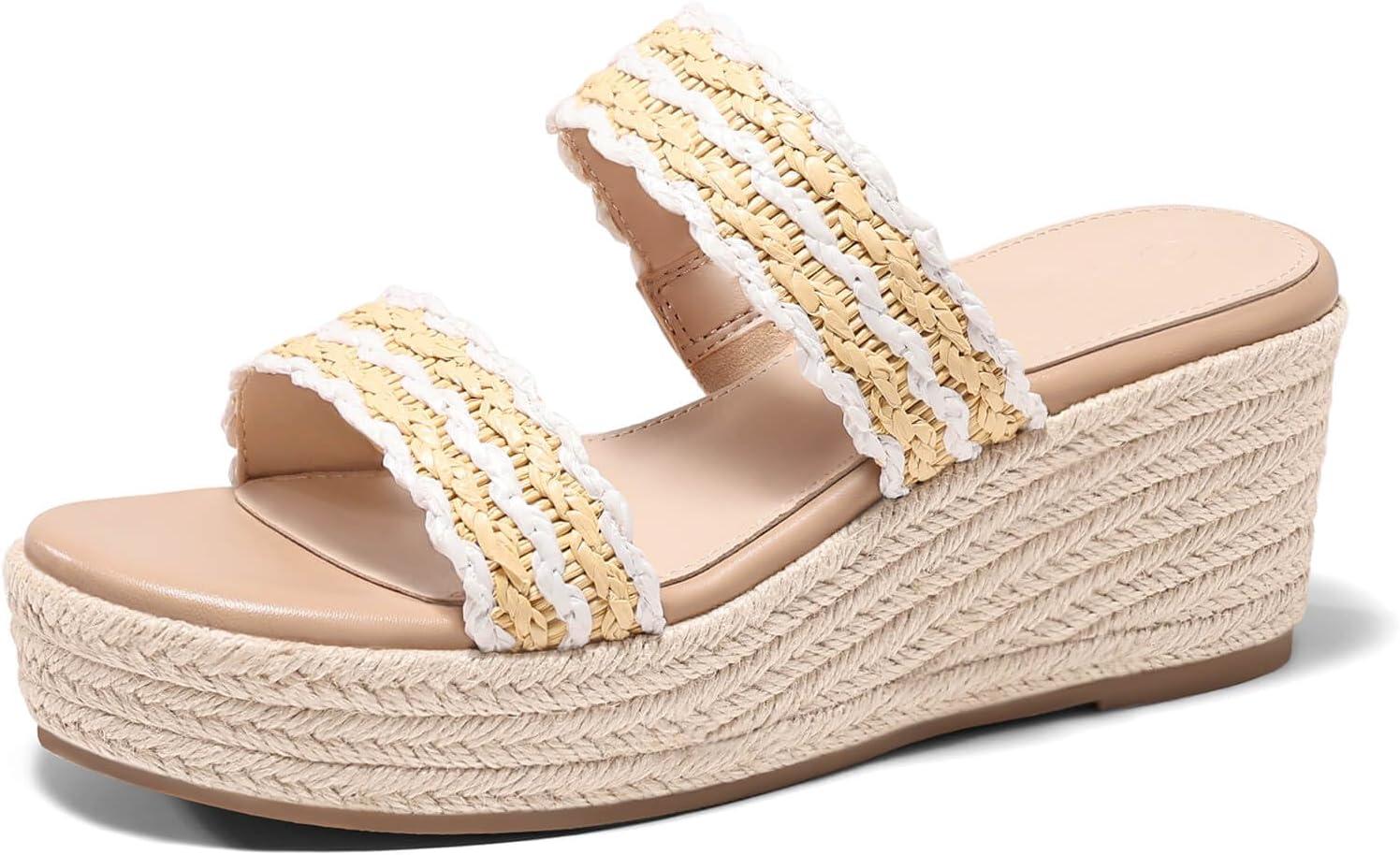 image:imageCoutgo Womens Platform Wedge Sandals Espadrille Raffia Heeled Slides Open Toe Two Band Beach Vacation Shoes Choose Size DownWhite