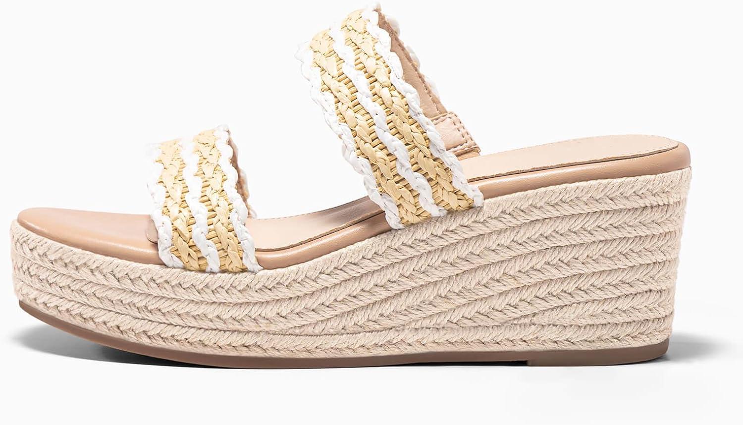 image:imageCoutgo Womens Platform Wedge Sandals Espadrille Raffia Heeled Slides Open Toe Two Band Beach Vacation Shoes Choose Size DownWhite