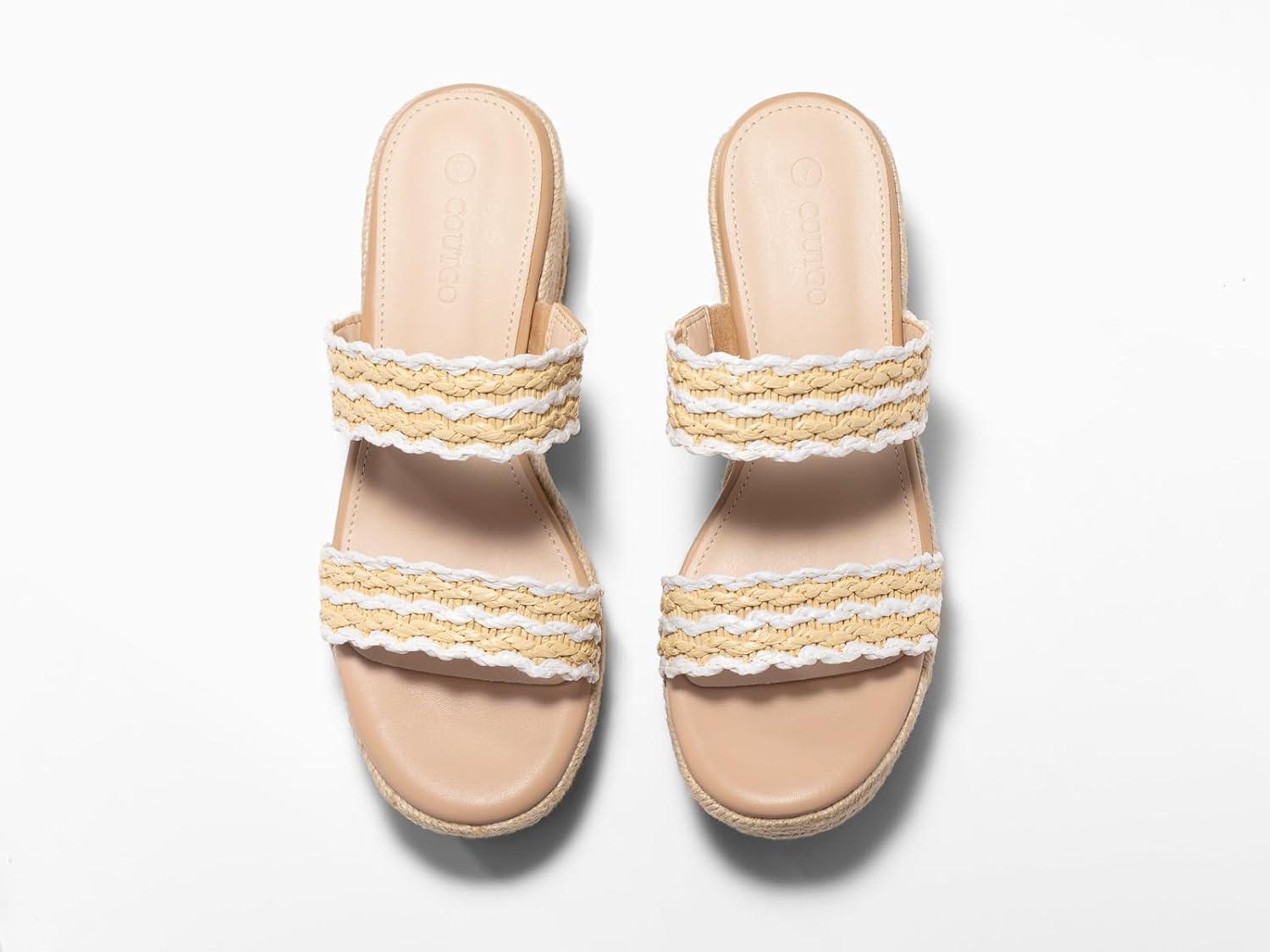 image:imageCoutgo Womens Platform Wedge Sandals Espadrille Raffia Heeled Slides Open Toe Two Band Beach Vacation Shoes Choose Size DownWhite