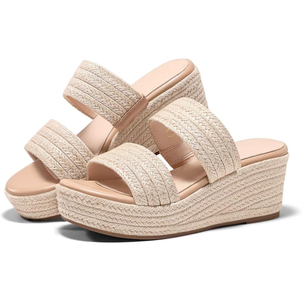 image:imageCoutgo Womens Platform Wedge Sandals Espadrille Raffia Heeled Slides Open Toe Two Band Beach Vacation Shoes Choose Size DownBeige