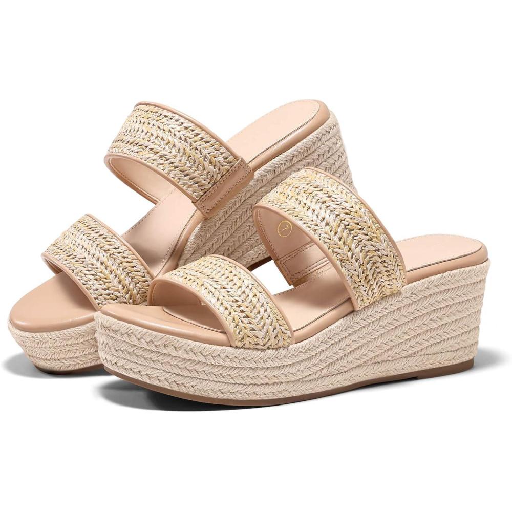 image:imageCoutgo Womens Platform Wedge Sandals Espadrille Raffia Heeled Slides Open Toe Two Band Beach Vacation Shoes Choose Size DownKhaki