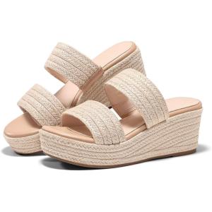 Coutgo Womens Platform Wedge Sandals Espadrille Raffia Heeled Slides Open Toe Two Band Beach Vacation Shoes (Choose Size Down(Beige)