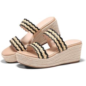 Coutgo Womens Platform Wedge Sandals Espadrille Raffia Heeled Slides Open Toe Two Band Beach Vacation Shoes (Choose Size Down(Black)
