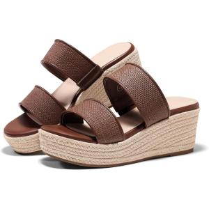 Coutgo Womens Platform Wedge Sandals Espadrille Raffia Heeled Slides Open Toe Two Band Beach Vacation Shoes (Choose Size Down(Brown)
