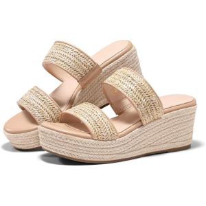 Coutgo Womens Platform Wedge Sandals Espadrille Raffia Heeled Slides Open Toe Two Band Beach Vacation Shoes (Choose Size Down(Khaki)