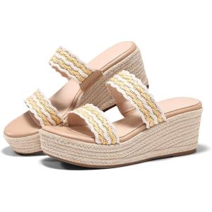 Coutgo Womens Platform Wedge Sandals Espadrille Raffia Heeled Slides Open Toe Two Band Beach Vacation Shoes (Choose Size Down(White)