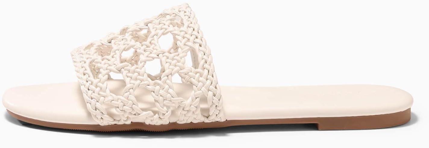 image:imageCoutgo Womens Flat Sandals Braided Open Square Toe Slip On Slide Sandals Dressy Beach Vacation ShoesBeige