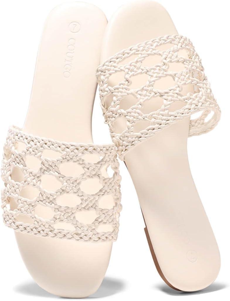 image:imageCoutgo Womens Flat Sandals Braided Open Square Toe Slip On Slide Sandals Dressy Beach Vacation ShoesBeige