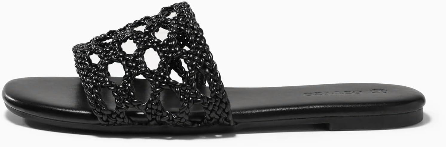 image:imageCoutgo Womens Flat Sandals Braided Open Square Toe Slip On Slide Sandals Dressy Beach Vacation ShoesBlack