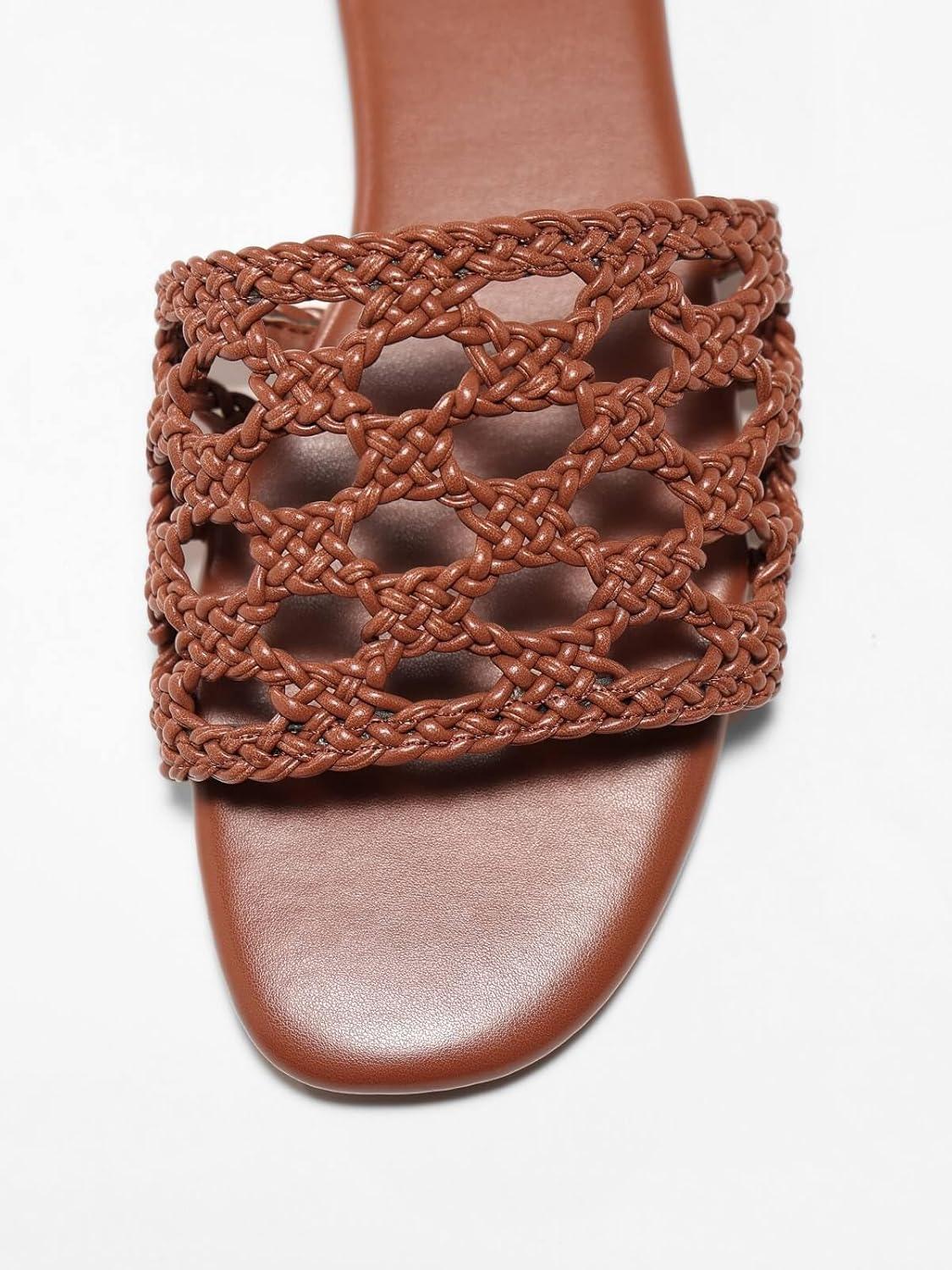 image:imageCoutgo Womens Flat Sandals Braided Open Square Toe Slip On Slide Sandals Dressy Beach Vacation ShoesBrown