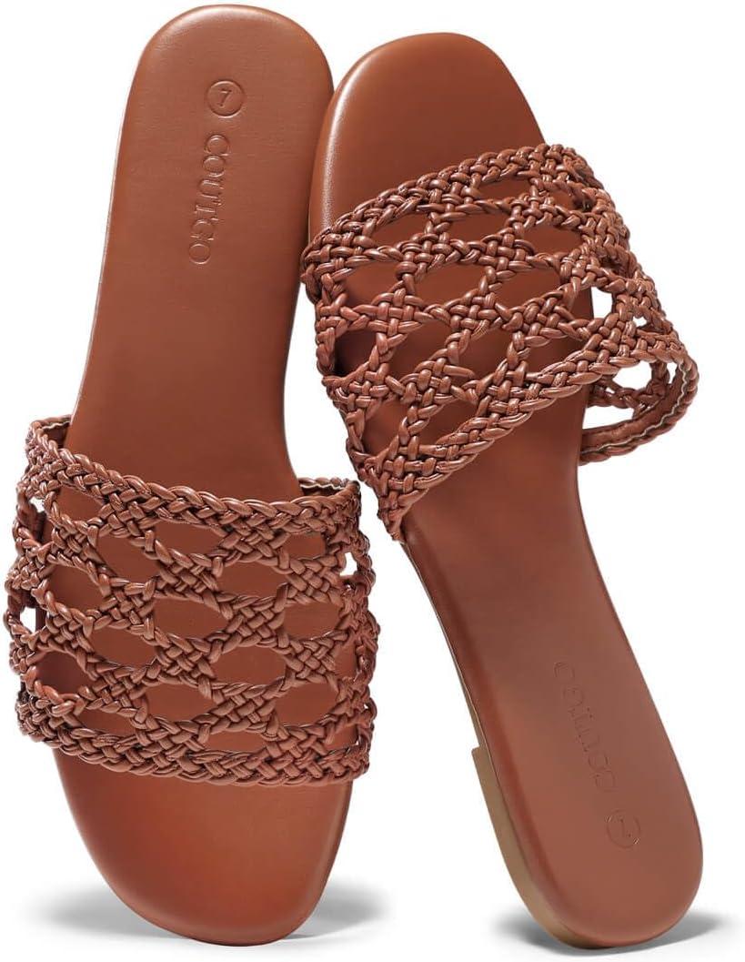 image:imageCoutgo Womens Flat Sandals Braided Open Square Toe Slip On Slide Sandals Dressy Beach Vacation ShoesBrown
