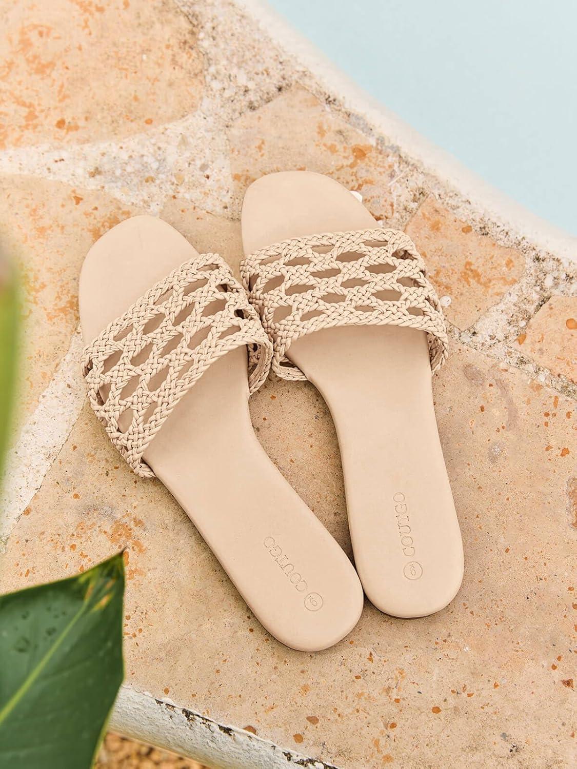 image:imageCoutgo Womens Flat Sandals Braided Open Square Toe Slip On Slide Sandals Dressy Beach Vacation ShoesKhaki