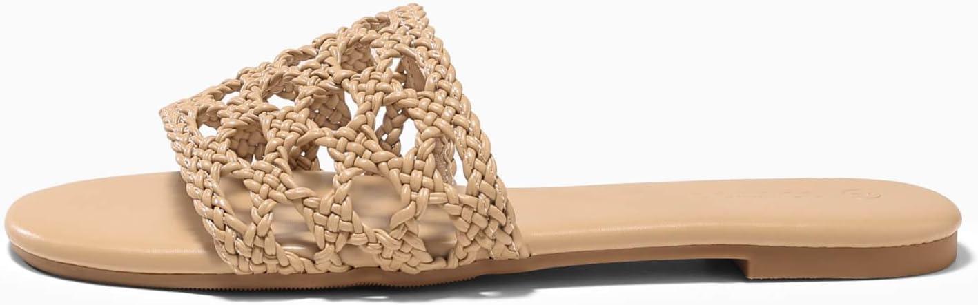 image:imageCoutgo Womens Flat Sandals Braided Open Square Toe Slip On Slide Sandals Dressy Beach Vacation ShoesKhaki