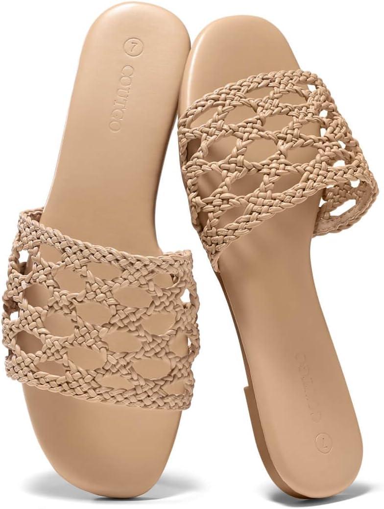 image:imageCoutgo Womens Flat Sandals Braided Open Square Toe Slip On Slide Sandals Dressy Beach Vacation ShoesKhaki