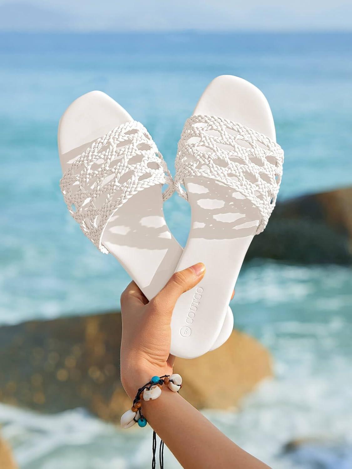 image:imageCoutgo Womens Flat Sandals Braided Open Square Toe Slip On Slide Sandals Dressy Beach Vacation ShoesWhite